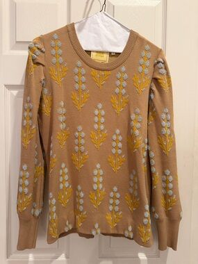 Beige Floral Crewneck Sweater with Yellow and Light Blue Embroidery